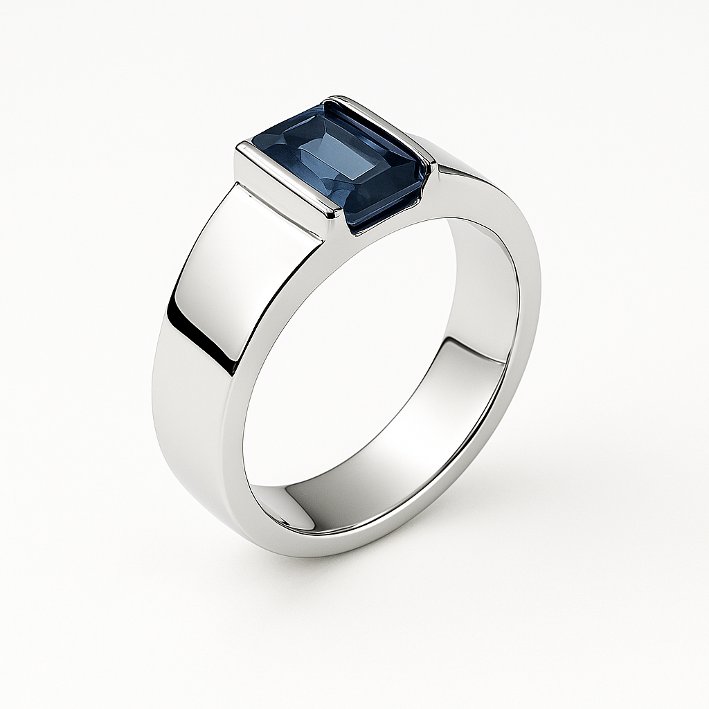 Hanna Boya | Ethical 2ct Rectangular Blue Sapphire Men’s Dome Ring – Platinum-Coated Silver – Sleek Modern Fit – No Heat, No Chemicals - Hanna Boya