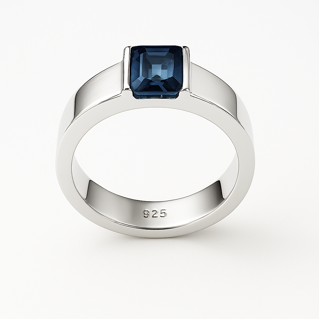 Hanna Boya | Ethical 2ct Rectangular Blue Sapphire Men’s Dome Ring – Platinum-Coated Silver – Sleek Modern Fit – No Heat, No Chemicals - Hanna Boya