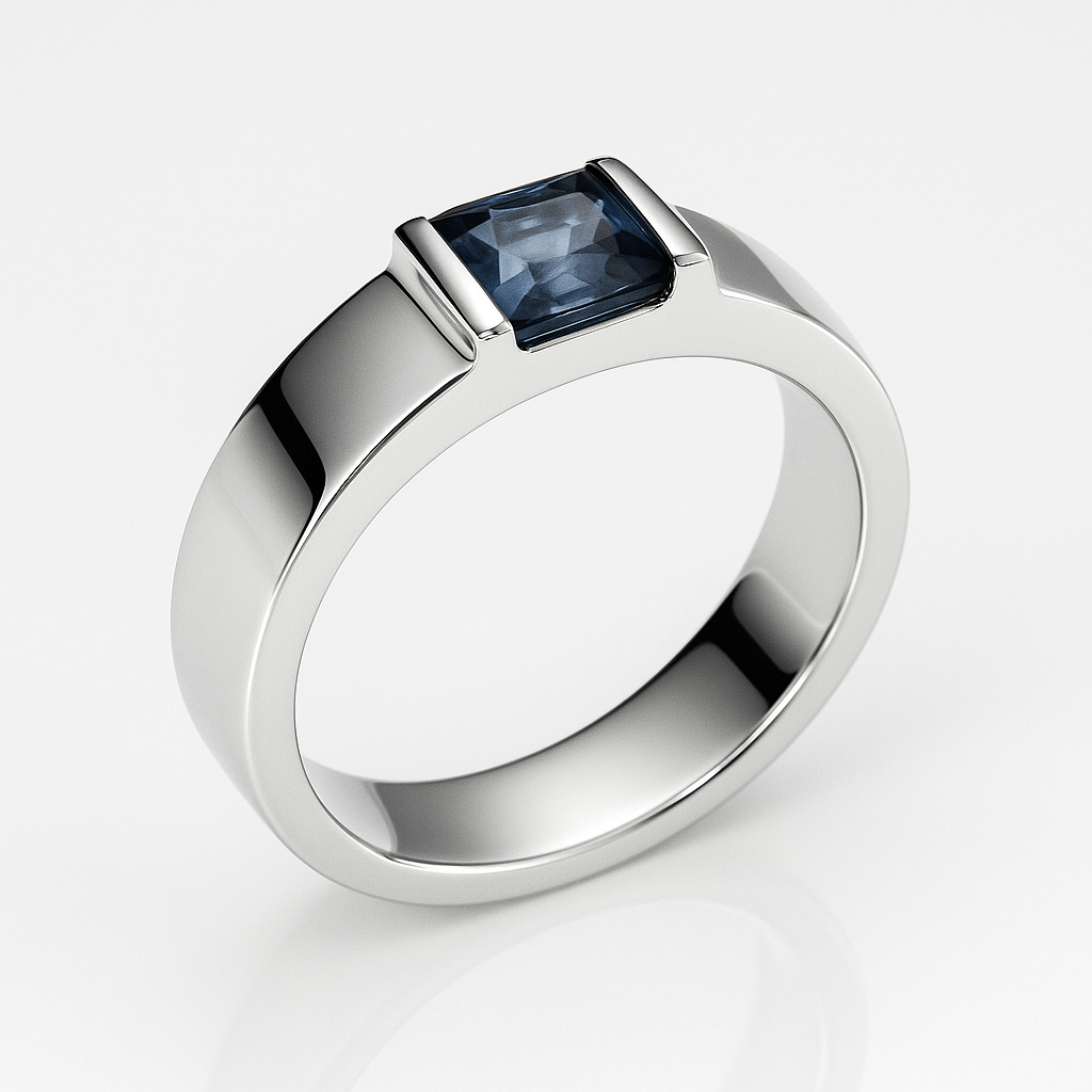 Hanna Boya | Ethical 2ct Rectangular Blue Sapphire Men’s Dome Ring – Platinum-Coated Silver – Sleek Modern Fit – No Heat, No Chemicals - Hanna Boya