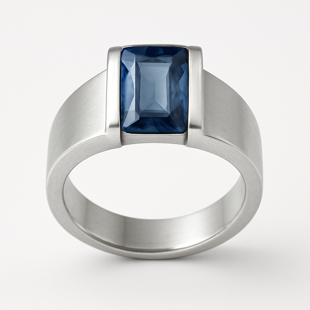 Hanna Boya | Ethical 2ct Rectangular Blue Sapphire Men’s Dome Ring – Platinum-Coated Silver – Sleek Modern Fit – No Heat, No Chemicals - Hanna Boya
