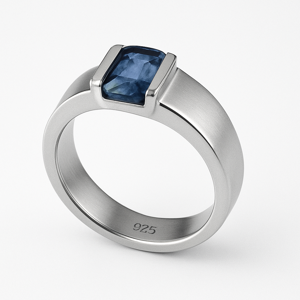Hanna Boya | Ethical 2ct Rectangular Blue Sapphire Men’s Dome Ring – Platinum-Coated Silver – Sleek Modern Fit – No Heat, No Chemicals - Hanna Boya