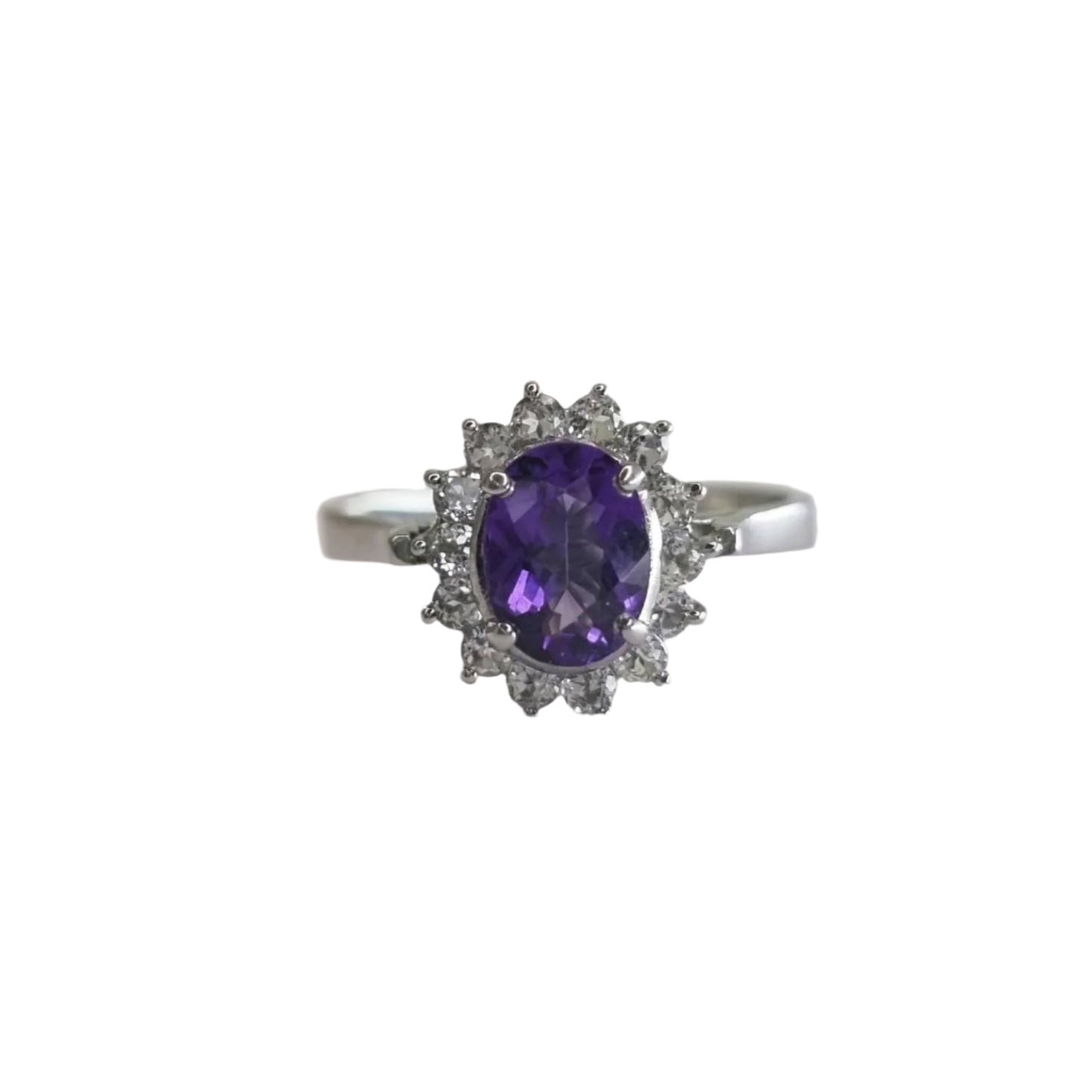 Front-facing view of a 2.0ct oval purple amethyst and white zircon ring, showcasing its brilliant sparkle and intricate halo design.