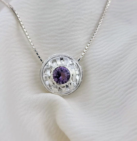 Amethyst Sterling Silver Basket Weave Pendant Necklace