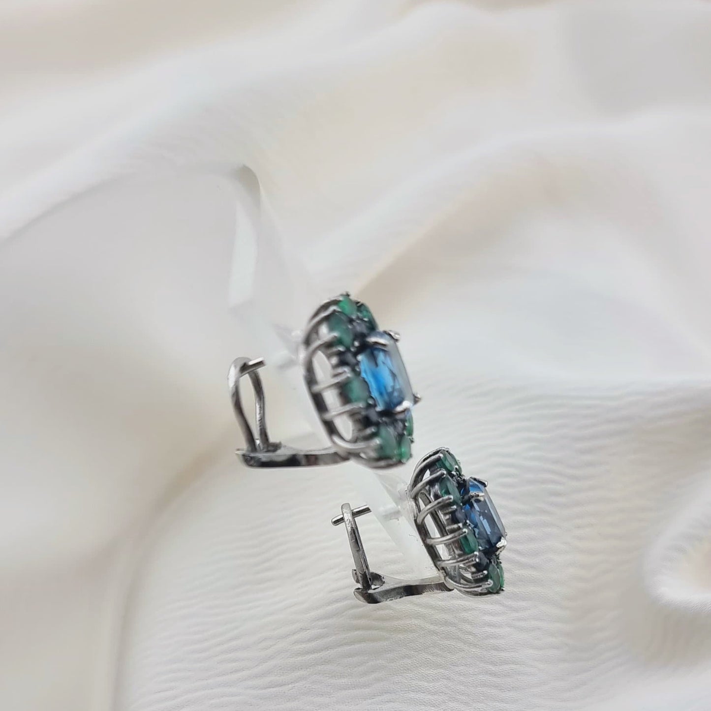 Custom Platinum Blue Topaz Natural Emerald & Sapphire Lever-Back Earring