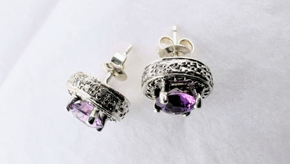 Sterling Silver Amethyst Stud Earrings with Beaded Halo