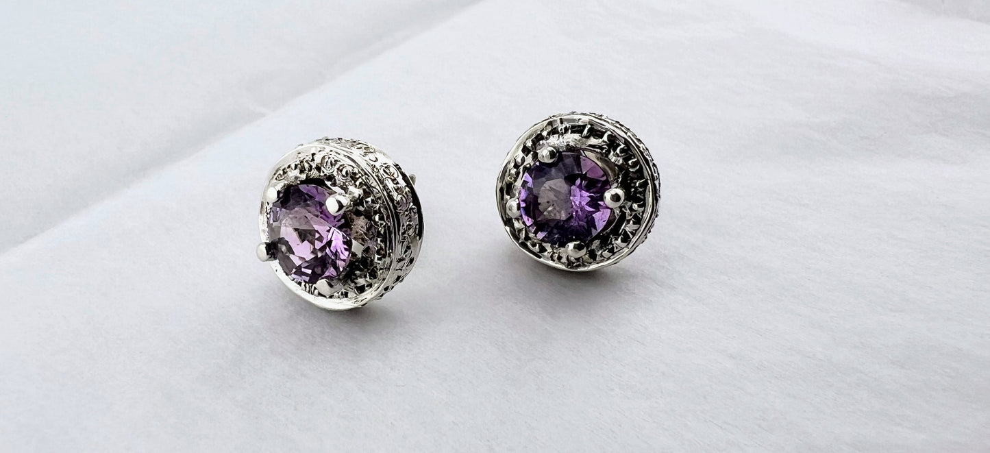 Sterling Silver Amethyst Stud Earrings with Beaded Halo