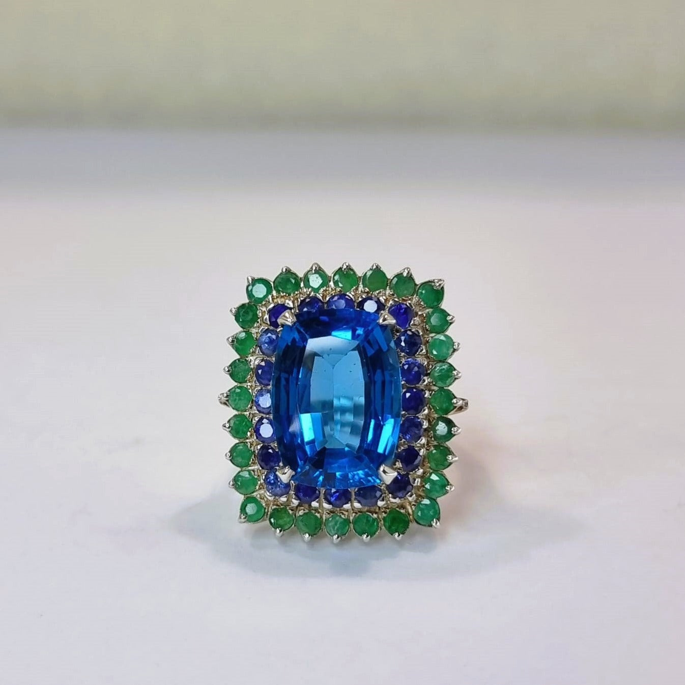 13ct Blue Topaz With Natural Green Emerald & Blue Sapphire Cocktail Ring