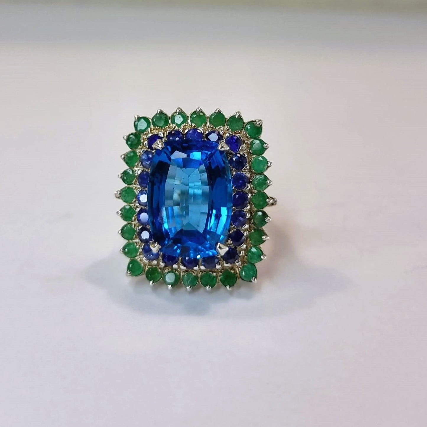 13ct Blue Topaz With Natural Green Emerald & Blue Sapphire Cocktail Ring