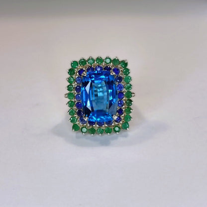 13ct Blue Topaz With Natural Green Emerald & Blue Sapphire Cocktail Ring