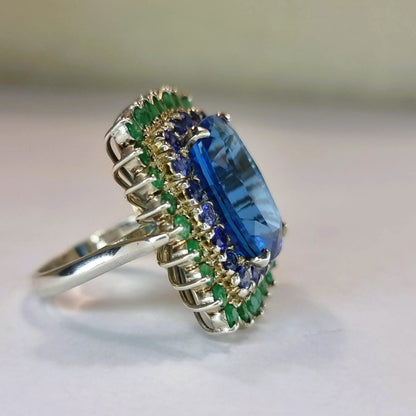 13ct Blue Topaz With Natural Green Emerald & Blue Sapphire Cocktail Ring