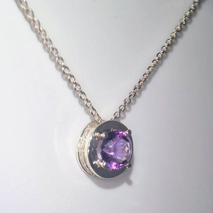 Natural Round Amethyst Necklace Pendant Textured Sterling Silver