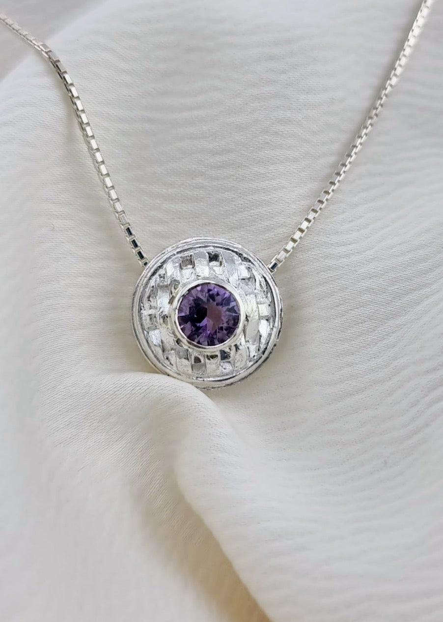 Sterling Silver Basket Weave Pendant Necklace with 4mm Amethyst