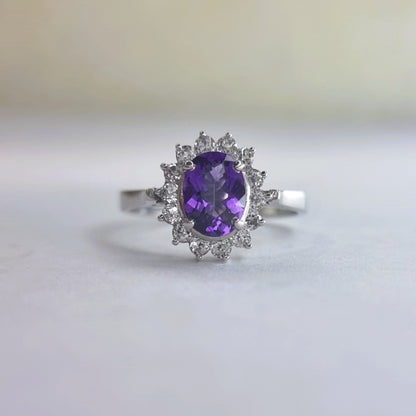 2.0ct Oval Natural Purple Amethyst and White Zircon Statement  Ring