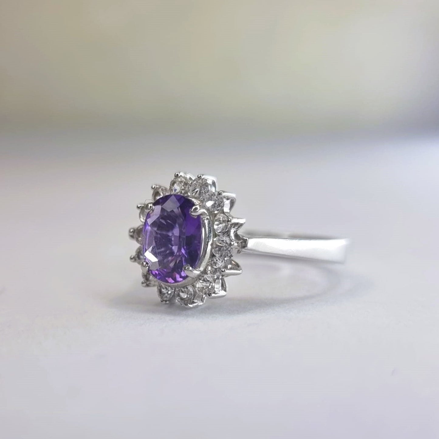 2.0ct Oval Natural Purple Amethyst and White Zircon Statement  Ring