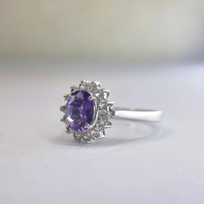 2.0ct Oval Natural Purple Amethyst and White Zircon Statement  Ring