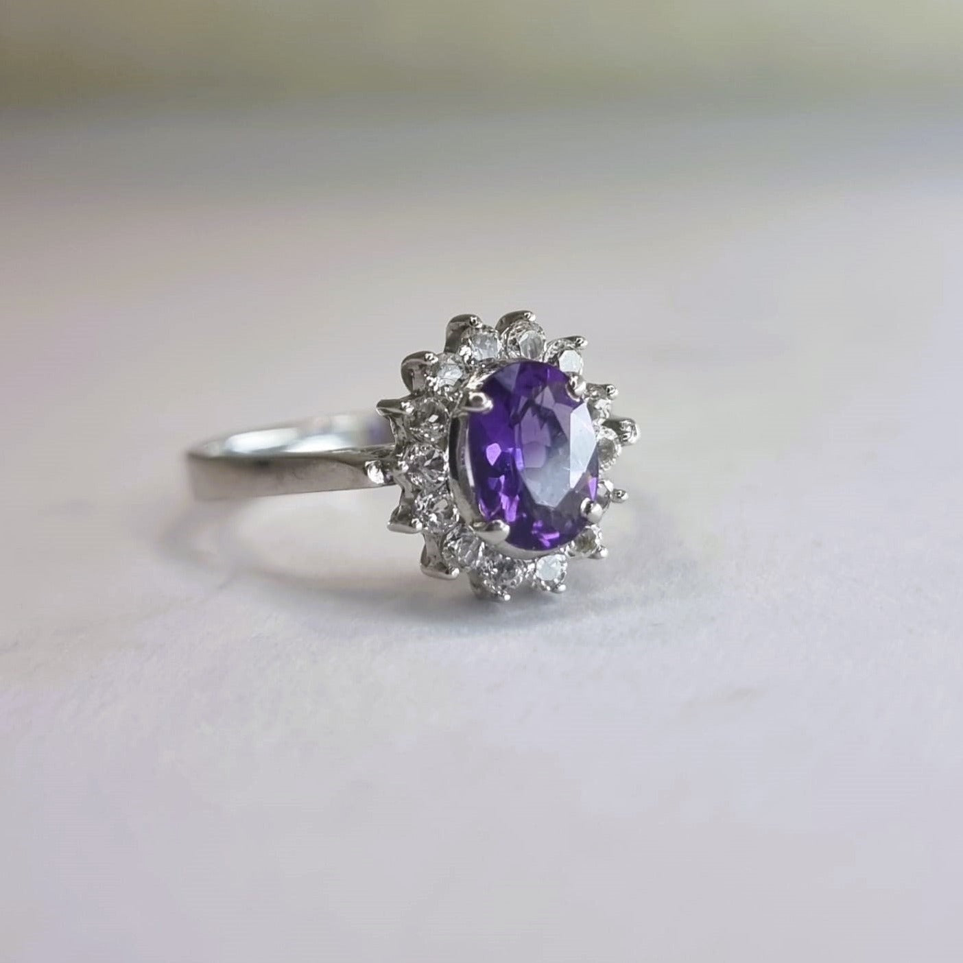 2.0ct Oval Natural Purple Amethyst and White Zircon Statement  Ring