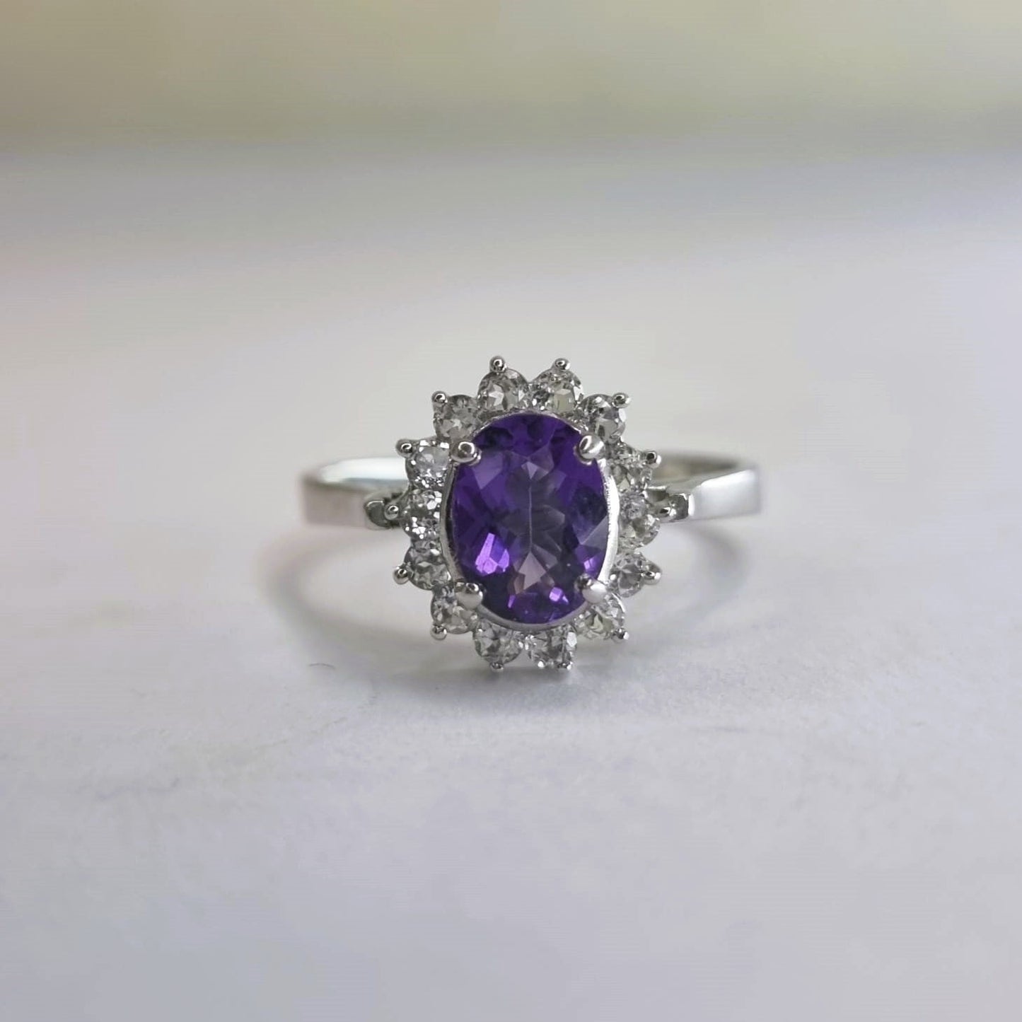 2.0ct Oval Natural Purple Amethyst and White Zircon Statement  Ring