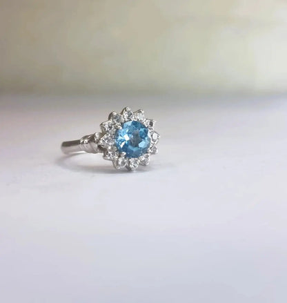 1ct Round Blue Topaz Silver Statement Ring