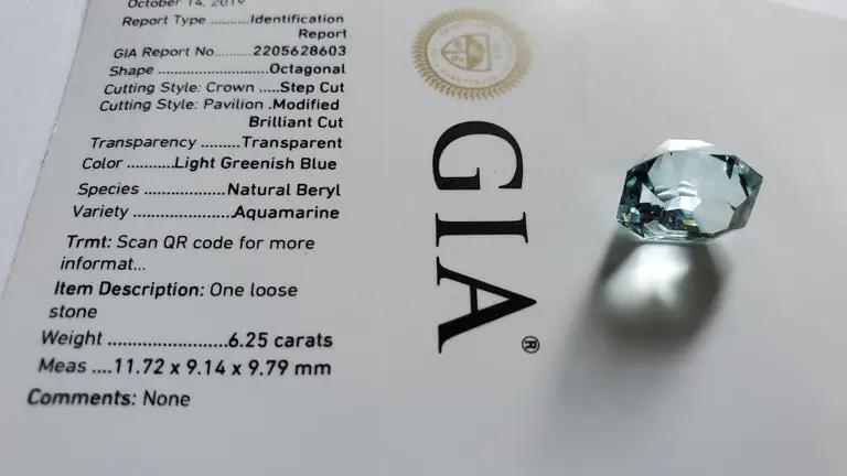 GIA Certified 6.25ct Octagonal Blue Aquamarine Gemstone