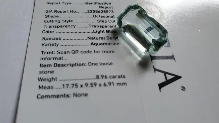 GIA Certified 8.96ct Blue Aquamarine Loose Gemstone