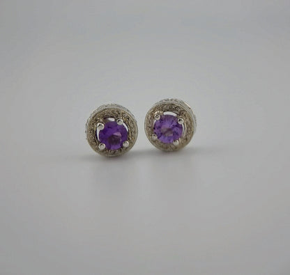 Amethyst Stud Earrings in Textured Sterling Silver