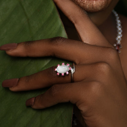 2ct Moonstone and Ruby Cocktail Ring on Platinum Silver