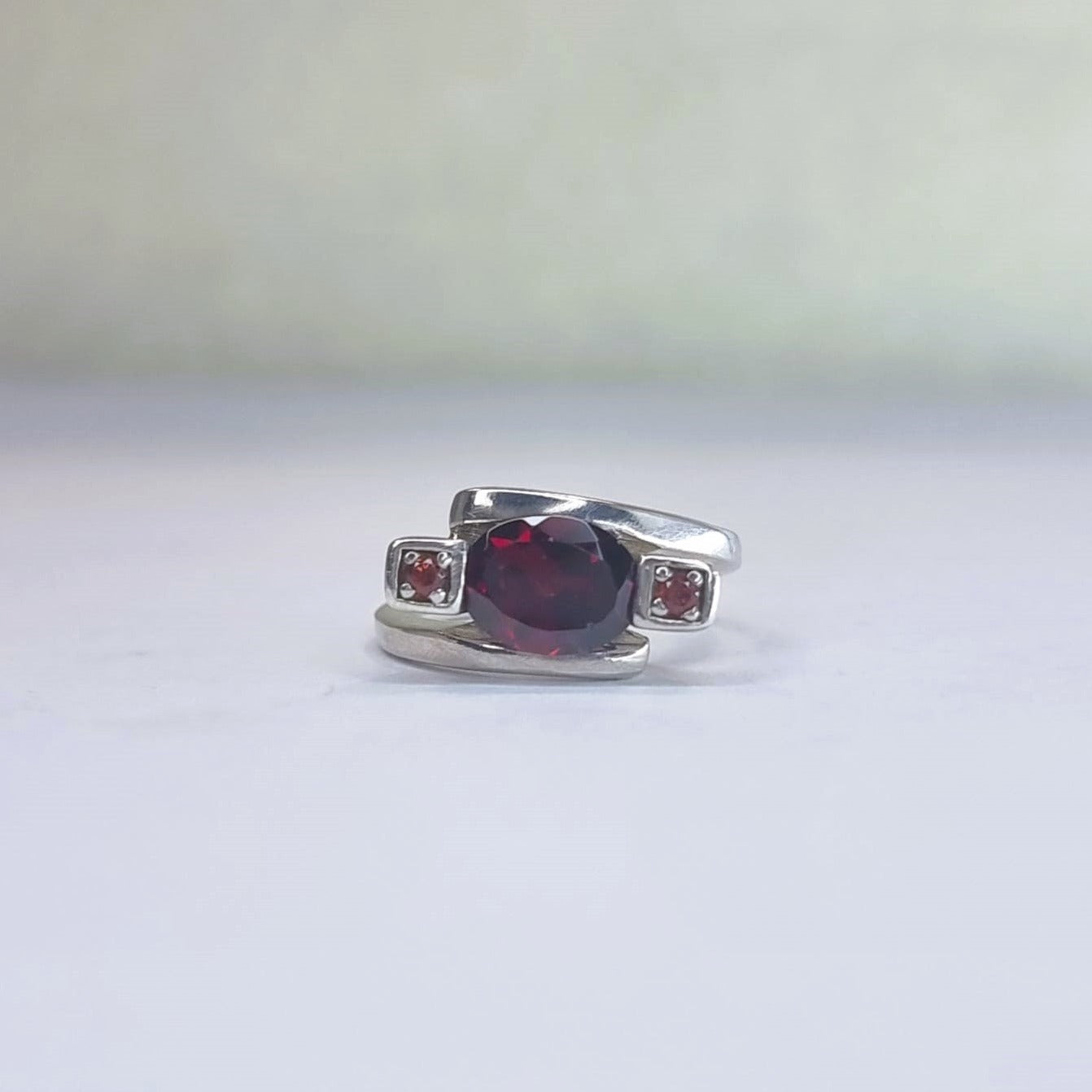 2ct Oval Rhodolite Red Garnet Silver 3 stone Ring