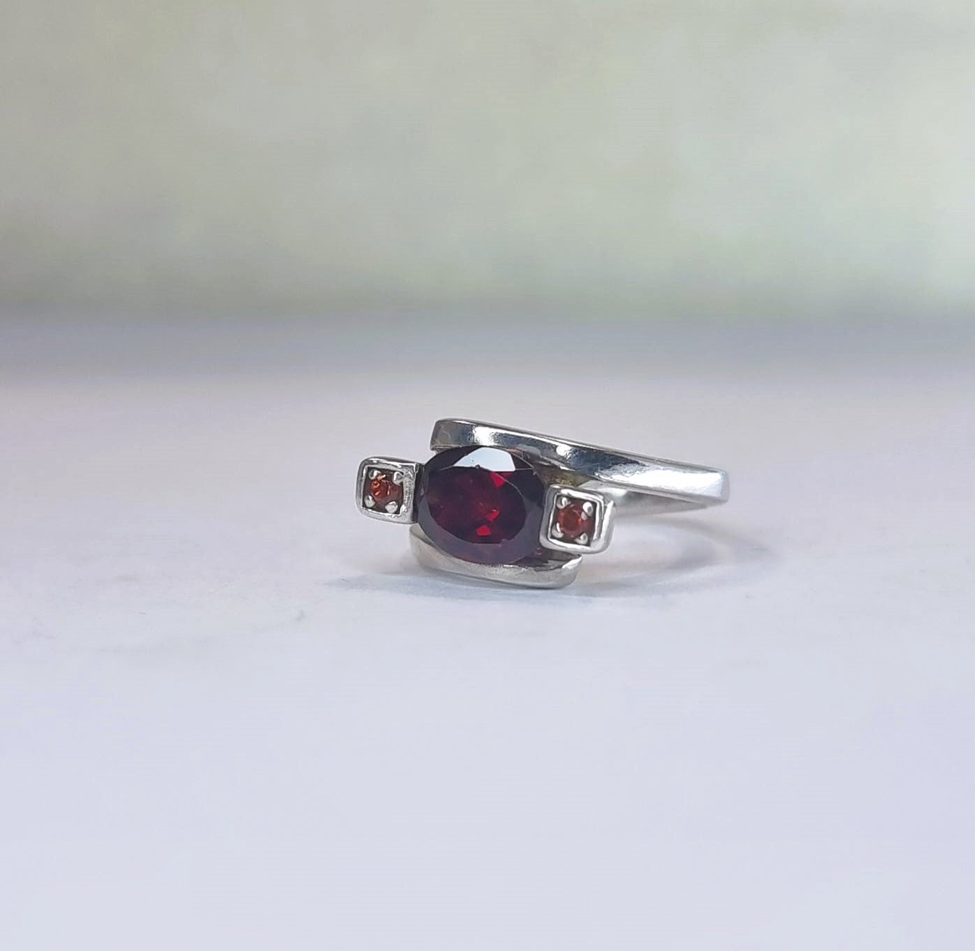 2ct Oval Rhodolite Red Garnet Silver 3 stone Ring