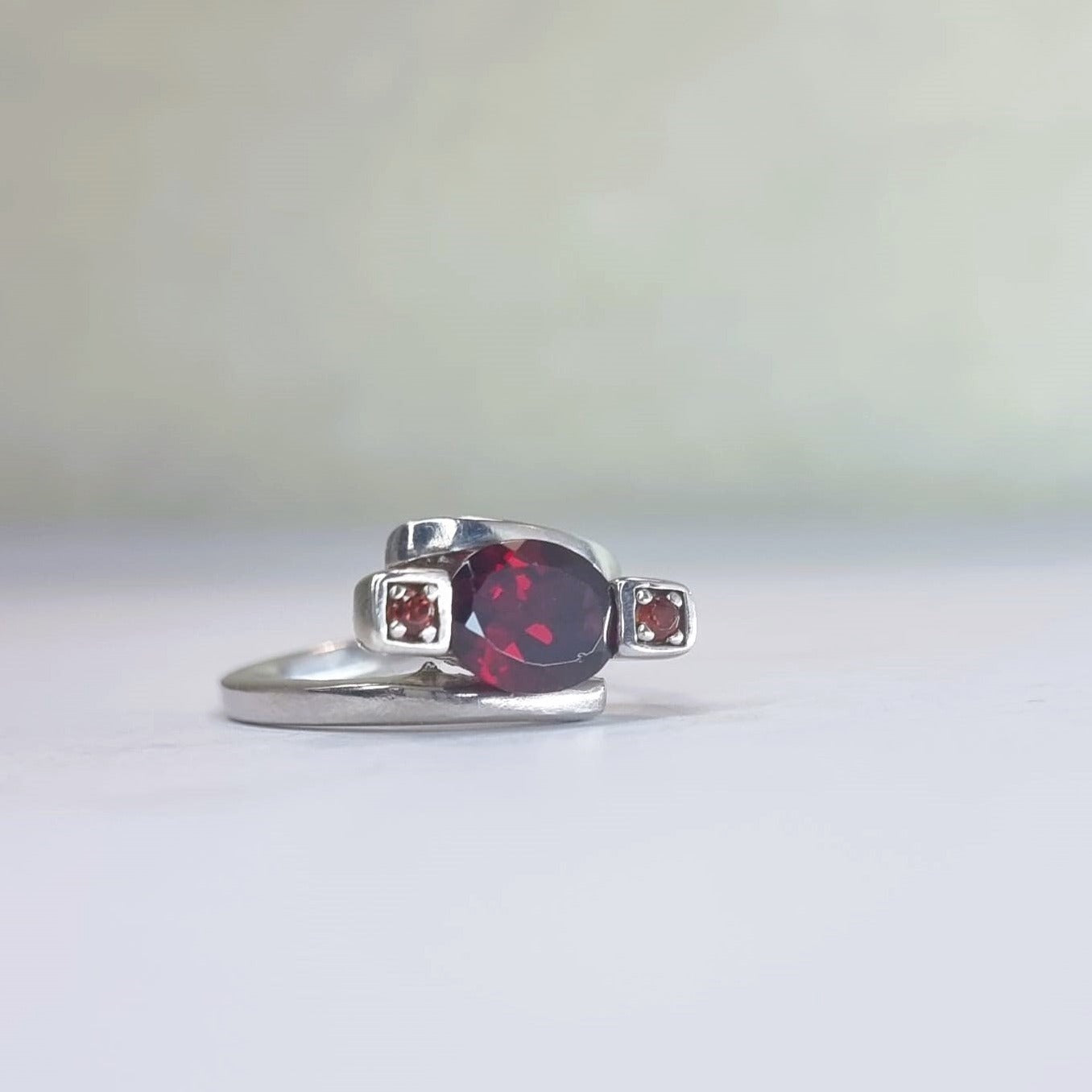 2ct Oval Rhodolite Red Garnet Silver 3 stone Ring