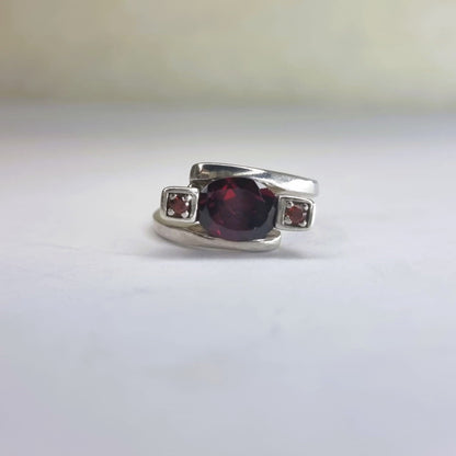 2ct Oval Rhodolite Red Garnet Silver 3 stone Ring