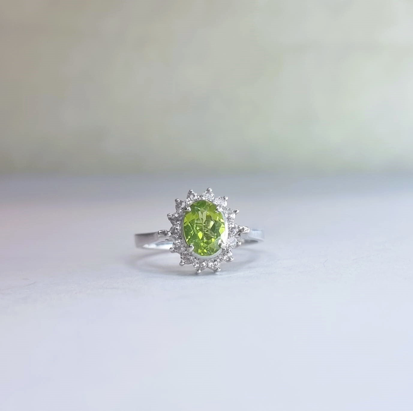 2ct Oval Mint Green Peridot  Silver Statement Ring