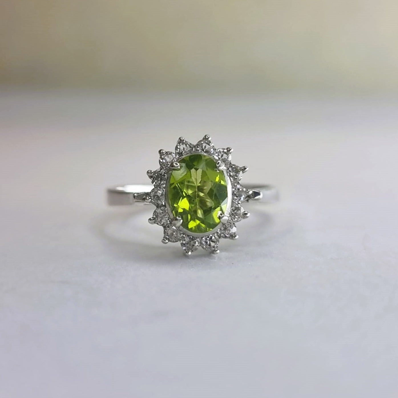 2ct Oval Mint Green Peridot  Silver Statement Ring