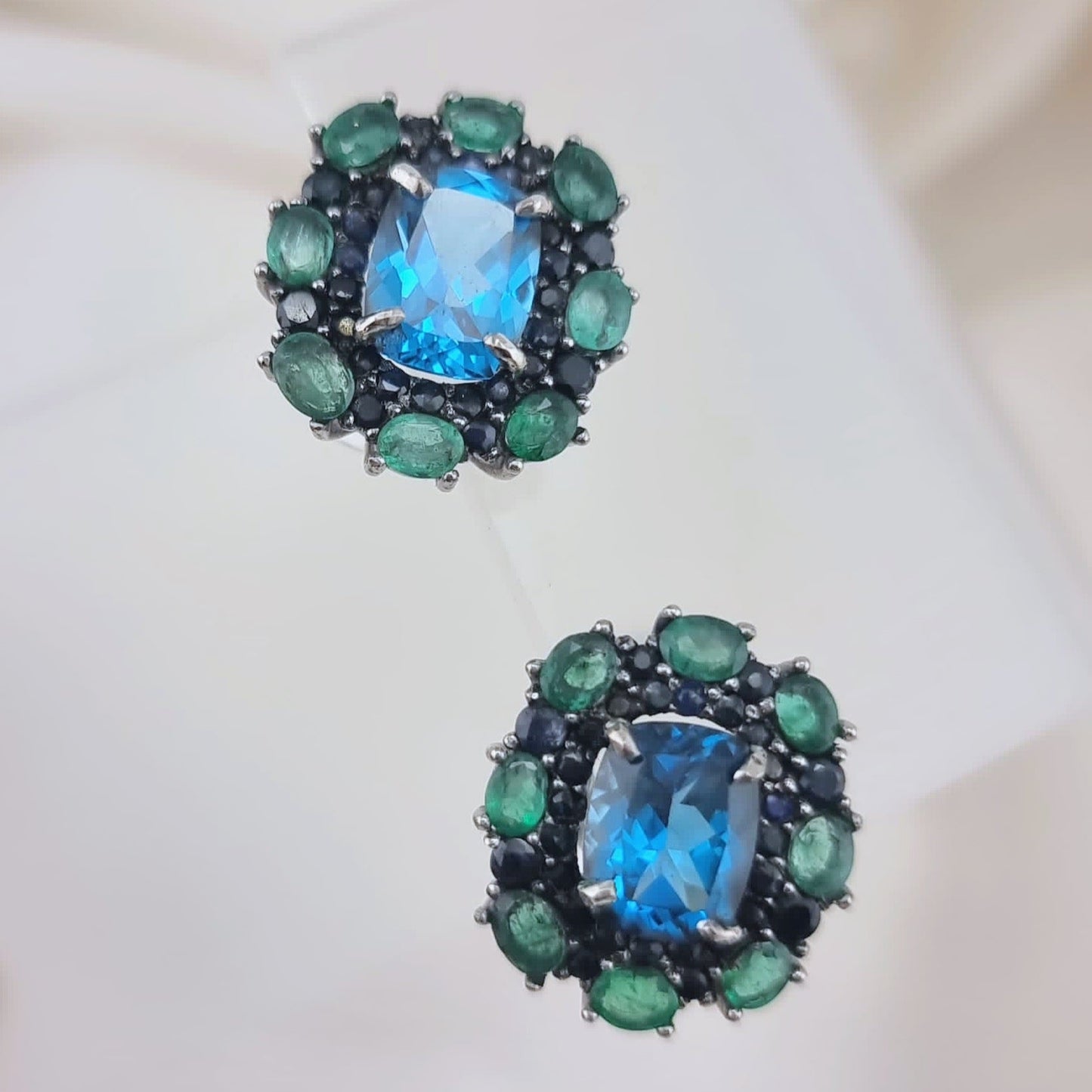 Custom Platinum Blue Topaz Natural Emerald & Sapphire Lever-Back Earring