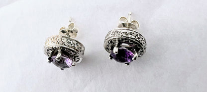 Sterling Silver Amethyst Stud Earrings with Beaded Halo