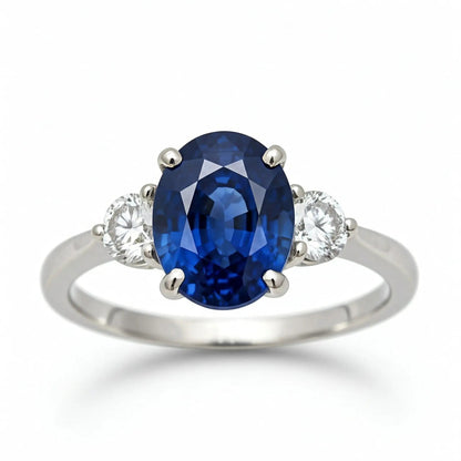 3ct Oval Natural Blue Sapphire and Diamond Platinum Ring