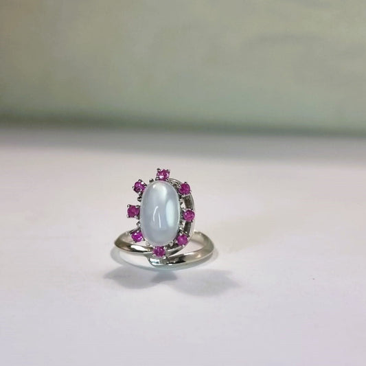 2ct Moonstone Surrounded by 8 Pink Ruby Silver Cocktail Ring