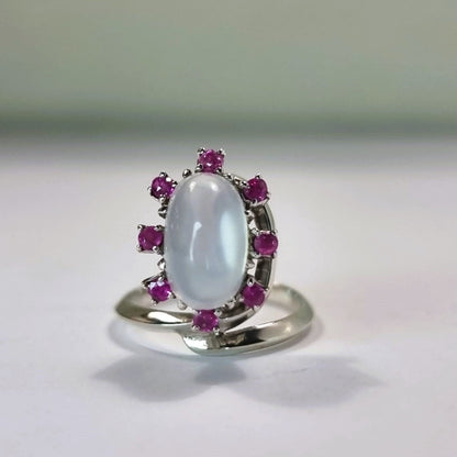 2ct Moonstone Surrounded by 8 Pink Ruby Silver Cocktail Ring