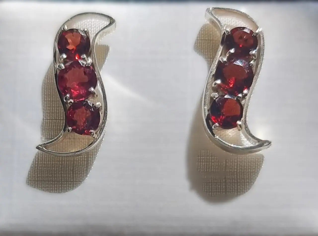 3Stone Red Garnet Stud Earrings