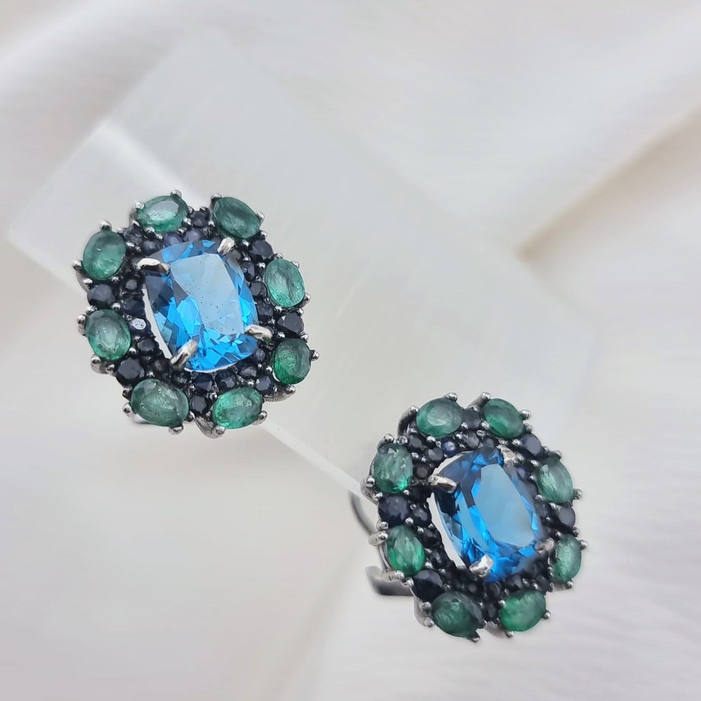 Custom Platinum Blue Topaz Natural Emerald & Sapphire Lever-Back Earring