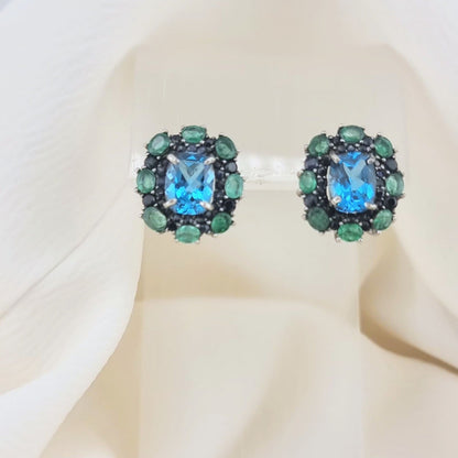 Custom Platinum Blue Topaz Natural Emerald & Sapphire Lever-Back Earring