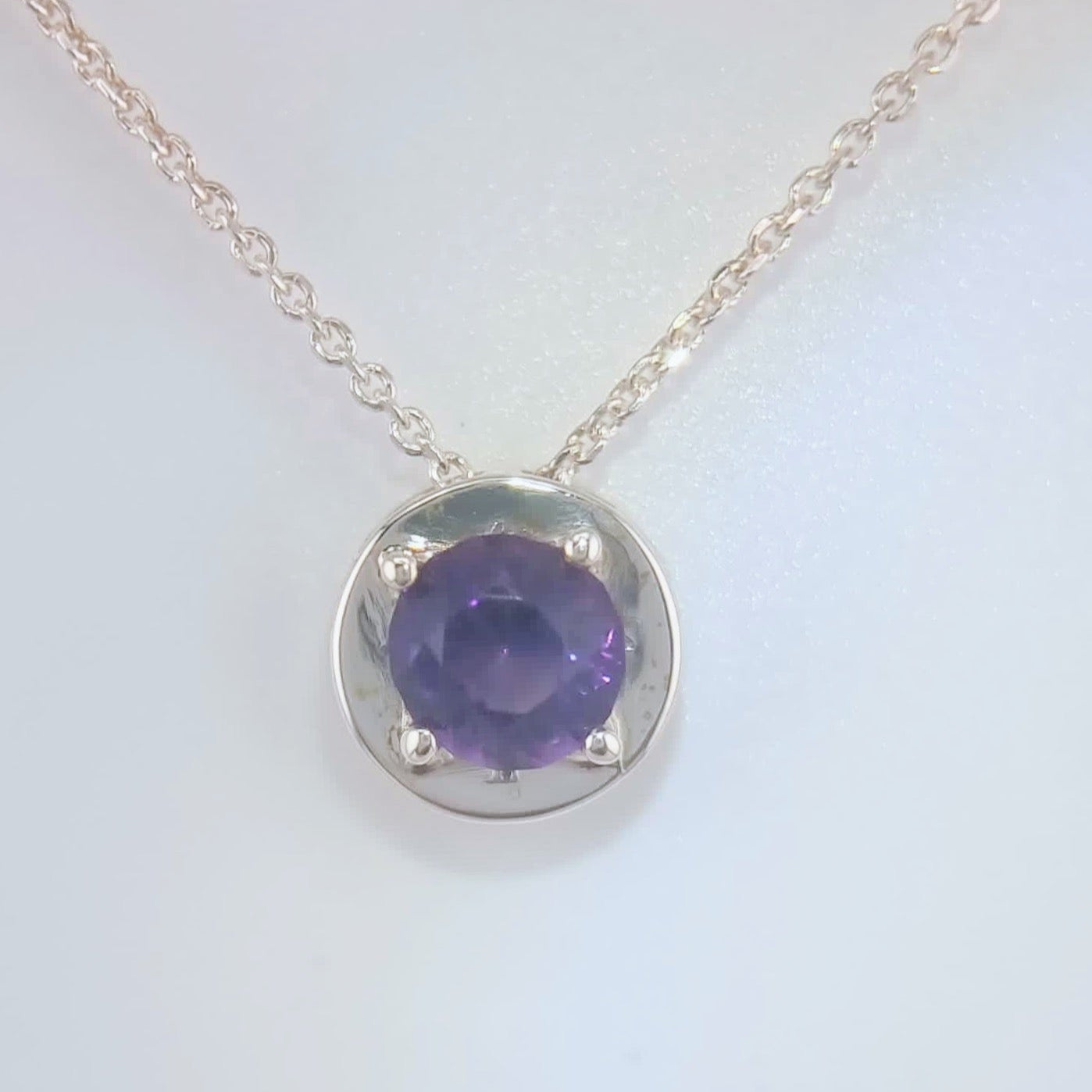 Natural Round Amethyst Necklace Pendant Textured Sterling Silver