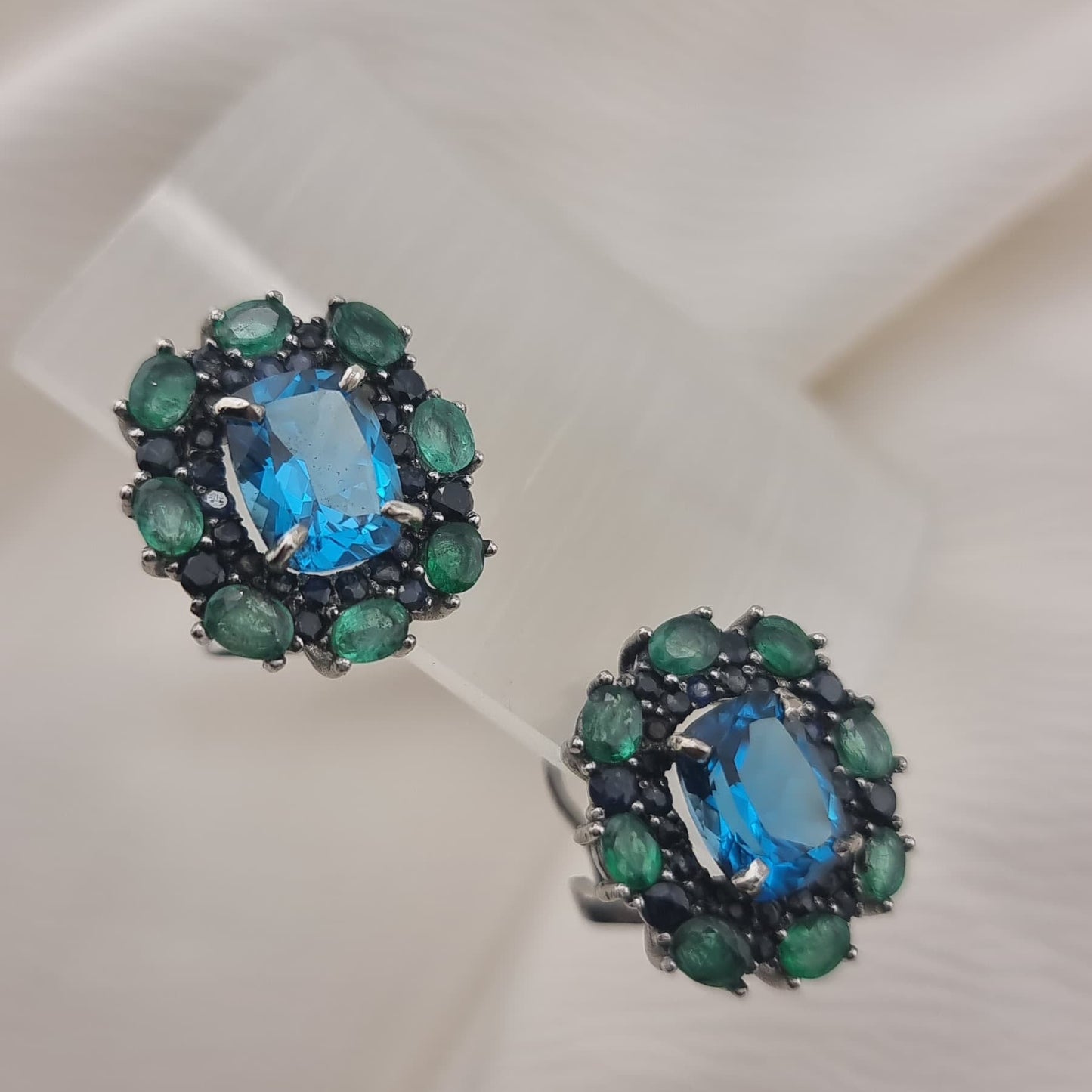 Custom Platinum Blue Topaz Natural Emerald & Sapphire Lever-Back Earring