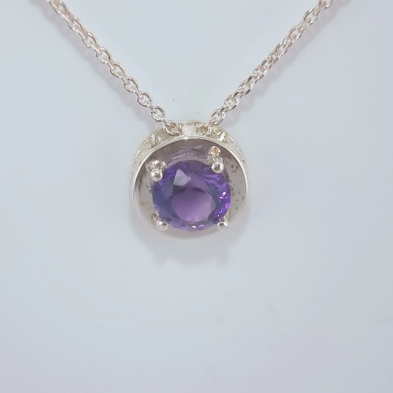 Natural Round Amethyst Necklace Pendant Textured Sterling Silver