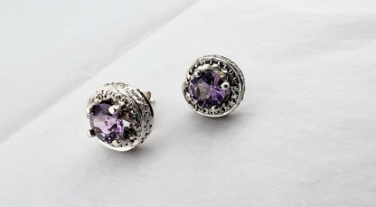 Sterling Silver Amethyst Stud Earrings with Beaded Halo