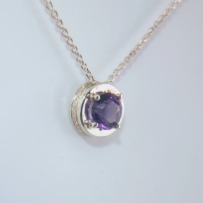 Natural Round Amethyst Necklace Pendant Textured Sterling Silver