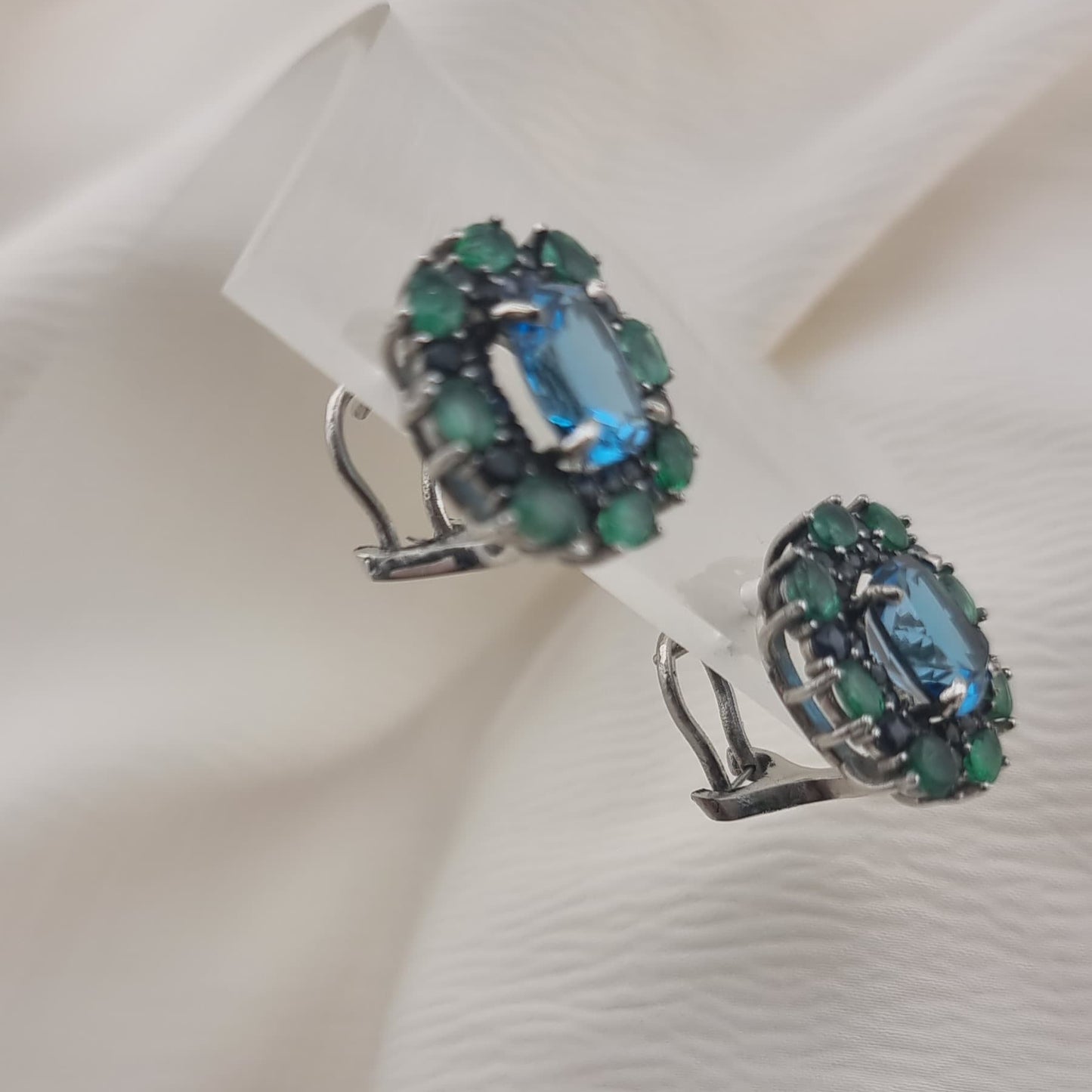 Custom Platinum Blue Topaz Natural Emerald & Sapphire Lever-Back Earring