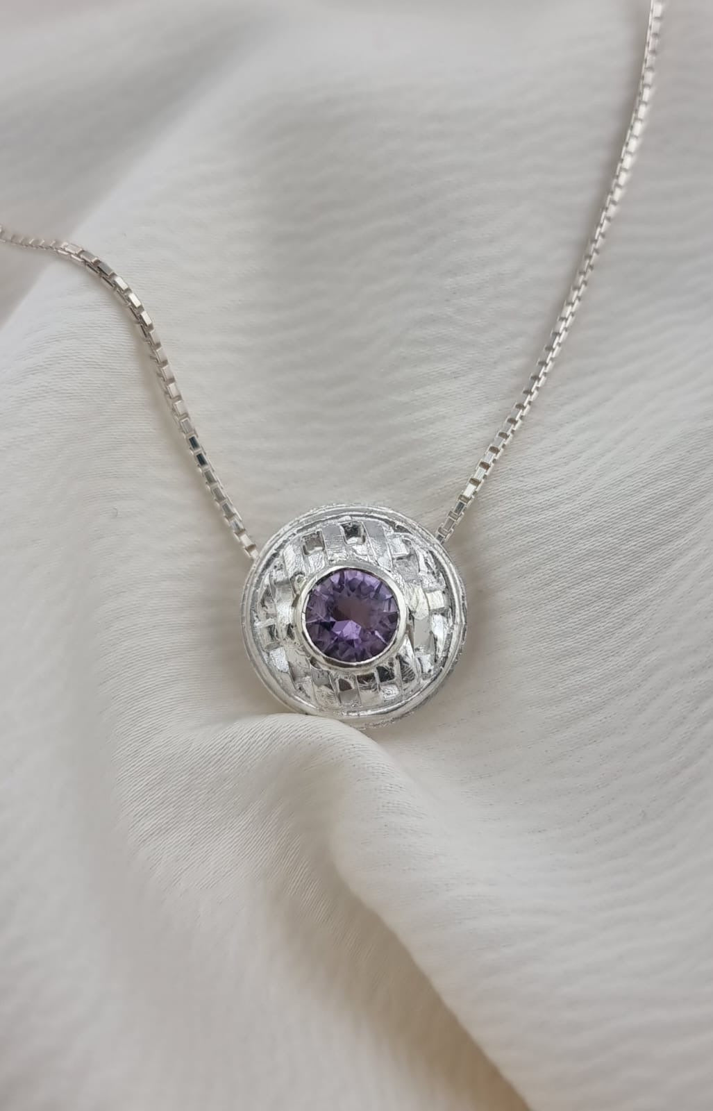 Sterling Silver Basket Weave Pendant Necklace with 4mm Amethyst