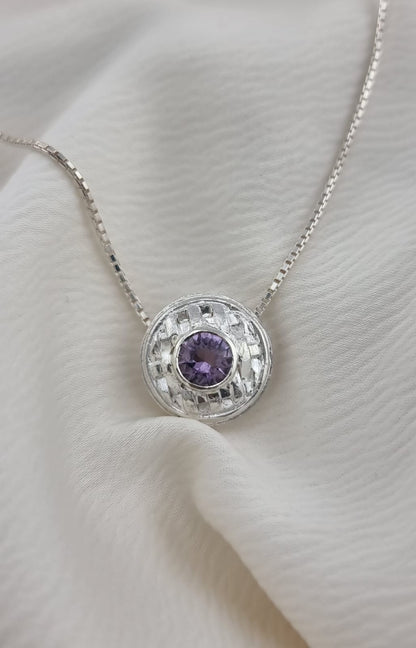 Sterling Silver Basket Weave Pendant Necklace with 4mm Amethyst