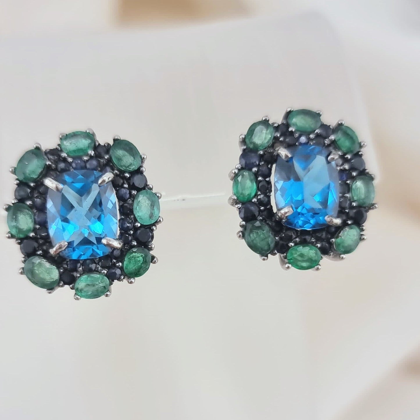 Custom Platinum Blue Topaz Natural Emerald & Sapphire Lever-Back Earring