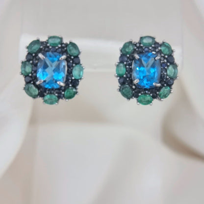 Custom Platinum Blue Topaz Natural Emerald & Sapphire Lever-Back Earring